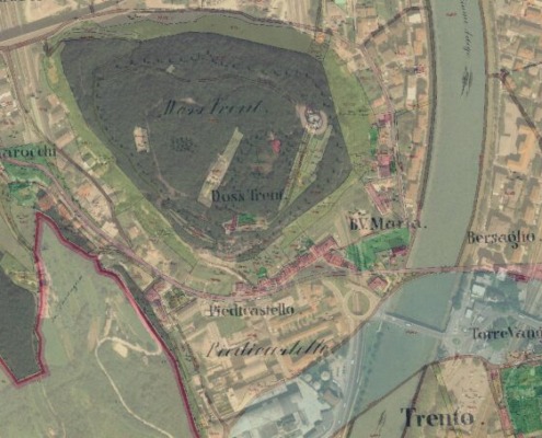 Trento (Italy) map circa 1861 over current aerial photo