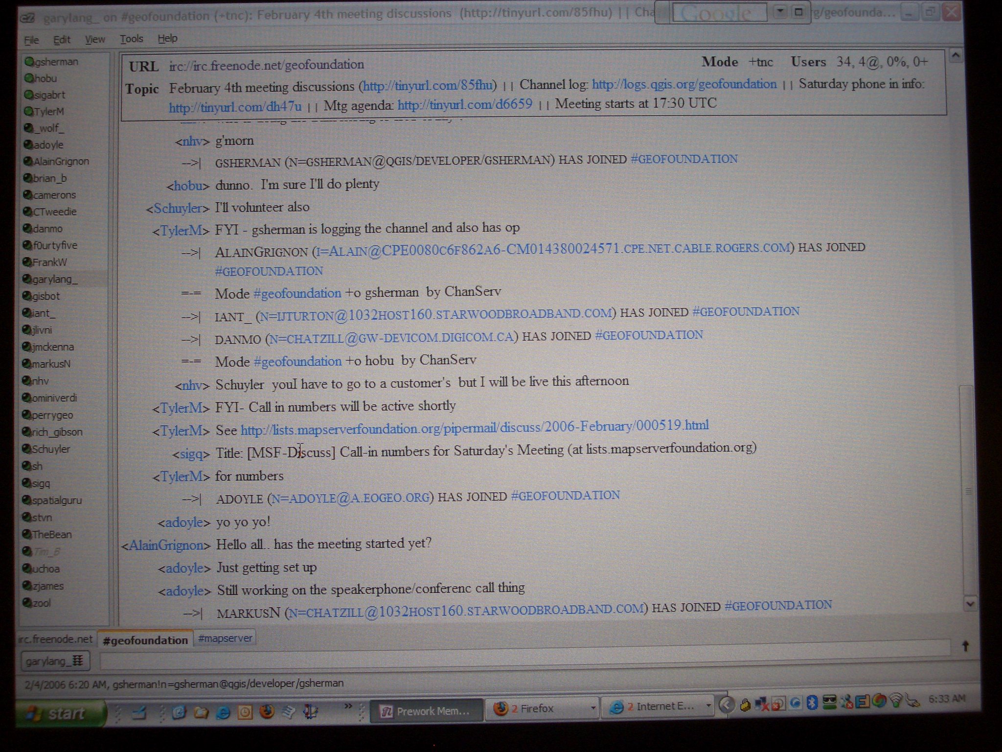 OSGeo foundation meeting in Chicago Feb 2006: IRC chat
